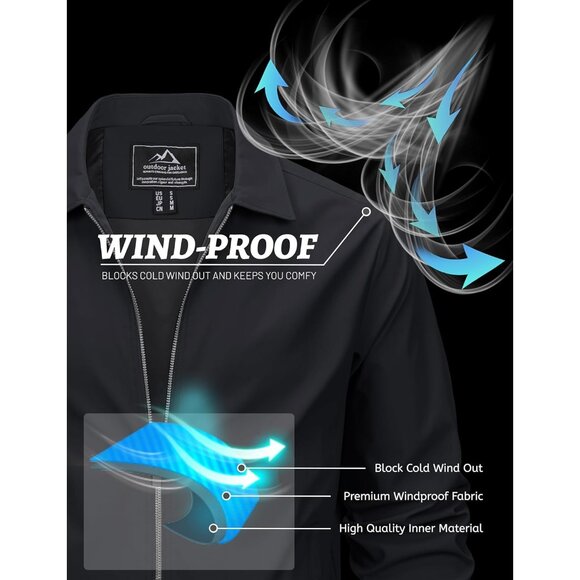 🆕 Men Black Lightweight Jacket Full Zip Golf Collar Windbreaker Casual Spring - Picture 3 of 7